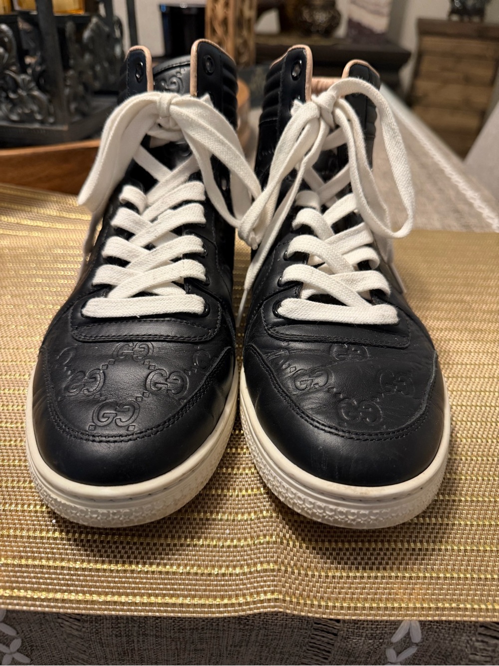 Gucci Black Leather High-Top Sneakers with White Laces and Ivory Soles